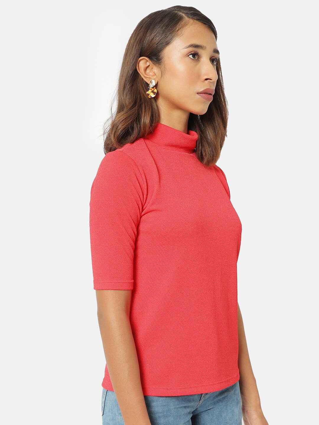 

Saaki Women Pink Solid High Neck Pure Cotton Top