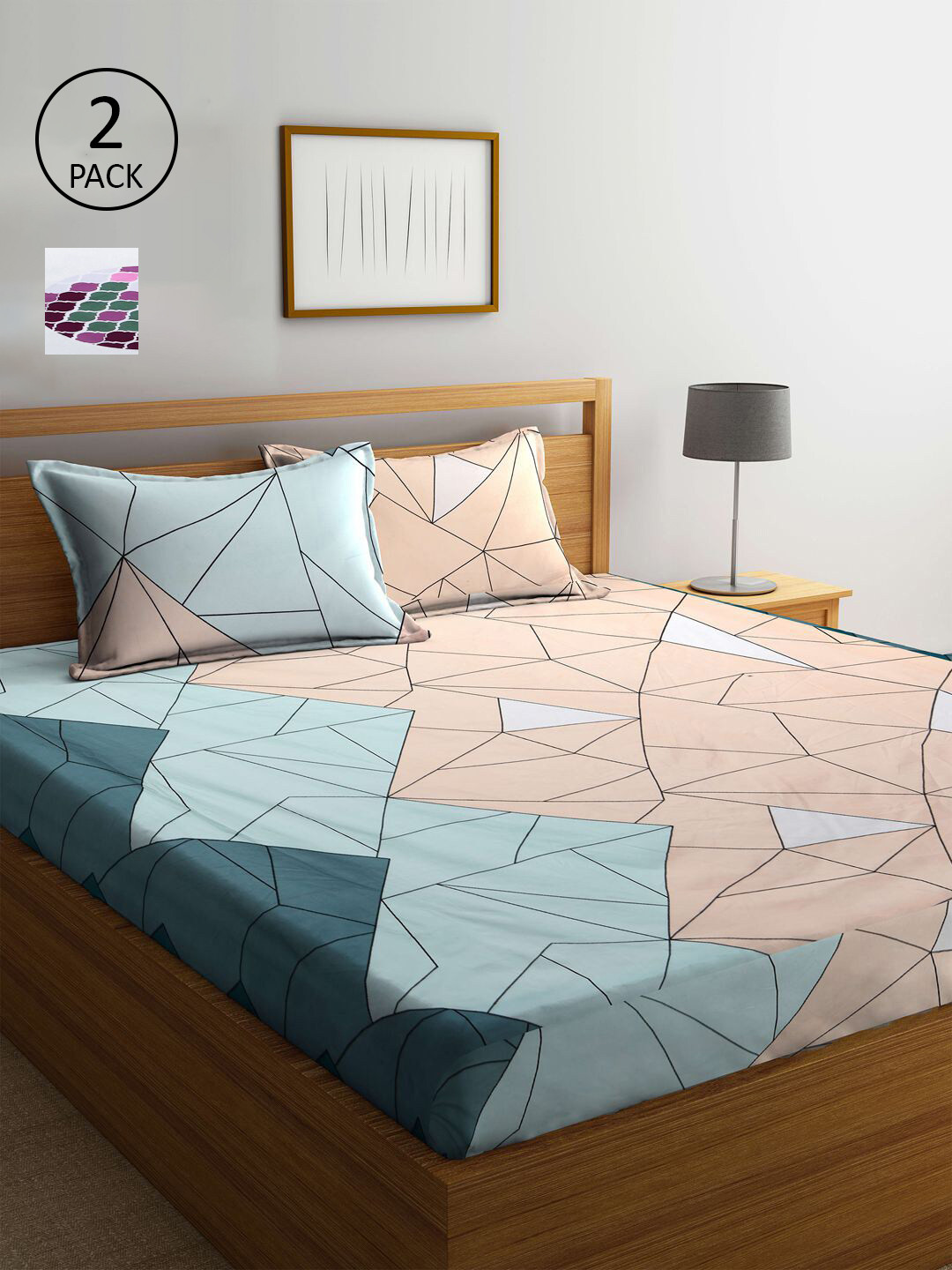 

KLOTTHE Blue & Peach-Coloured Geometric 210 TC 2 King Bedsheet with 4 Pillow Covers