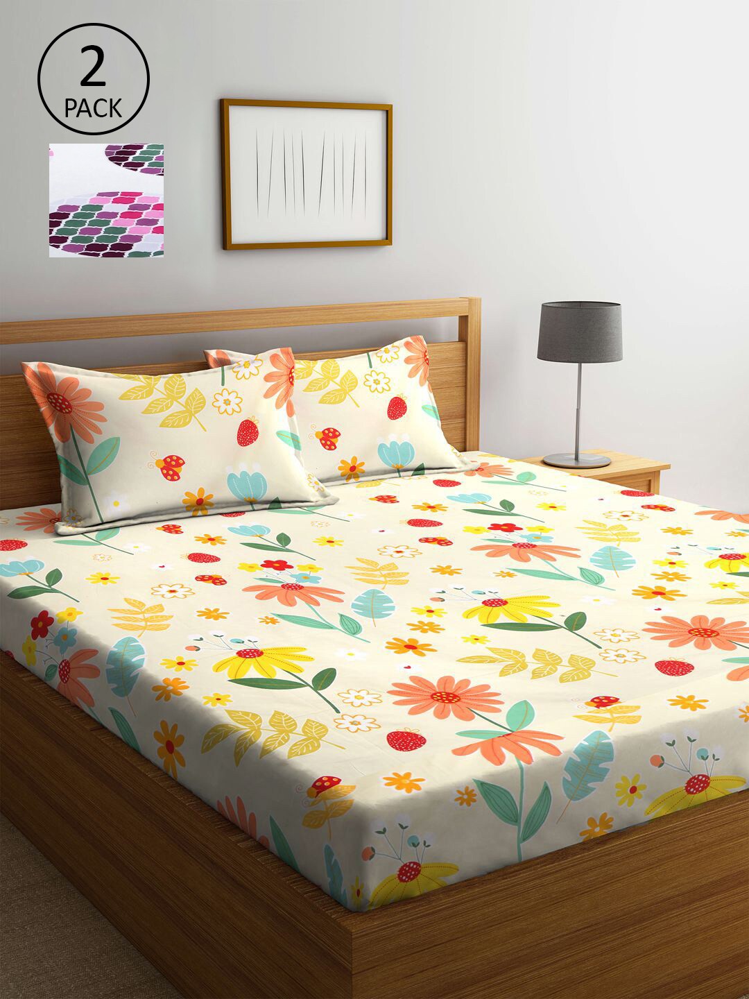 

KLOTTHE White & Yellow Floral 210 TC 2 King Bedsheet with 4 Pillow Covers