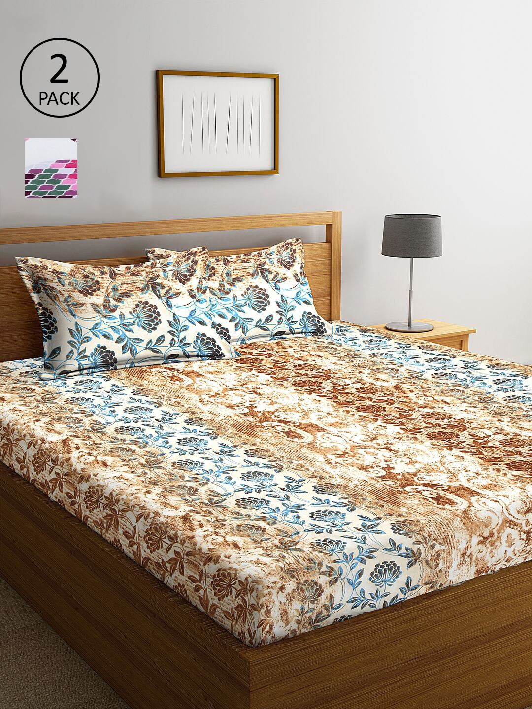 

KLOTTHE Blue & Brown Floral 210 TC 2 King Bedsheet with 4 Pillow Covers