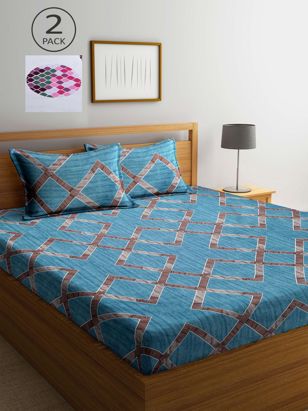 

KLOTTHE Blue & Pink Geometric 210 TC 2 King Bedsheet with 4 Pillow Covers