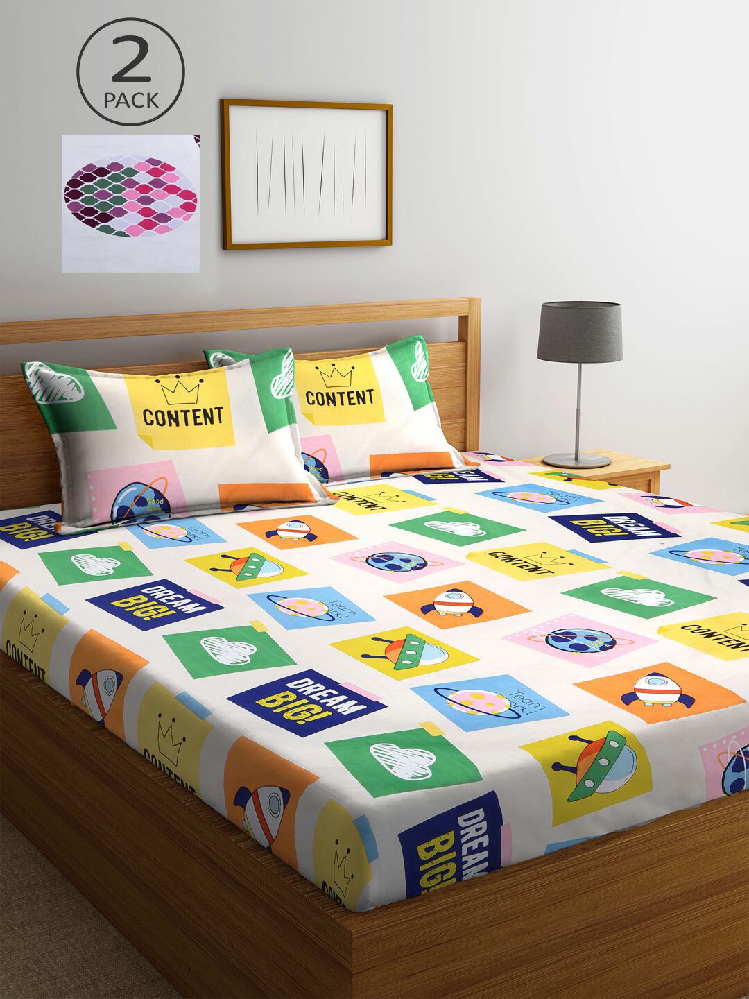 

KLOTTHE Set Of 2 Cream & Yellow Printed 210 TC 2 King Bedsheet with 4 Pillow Covers