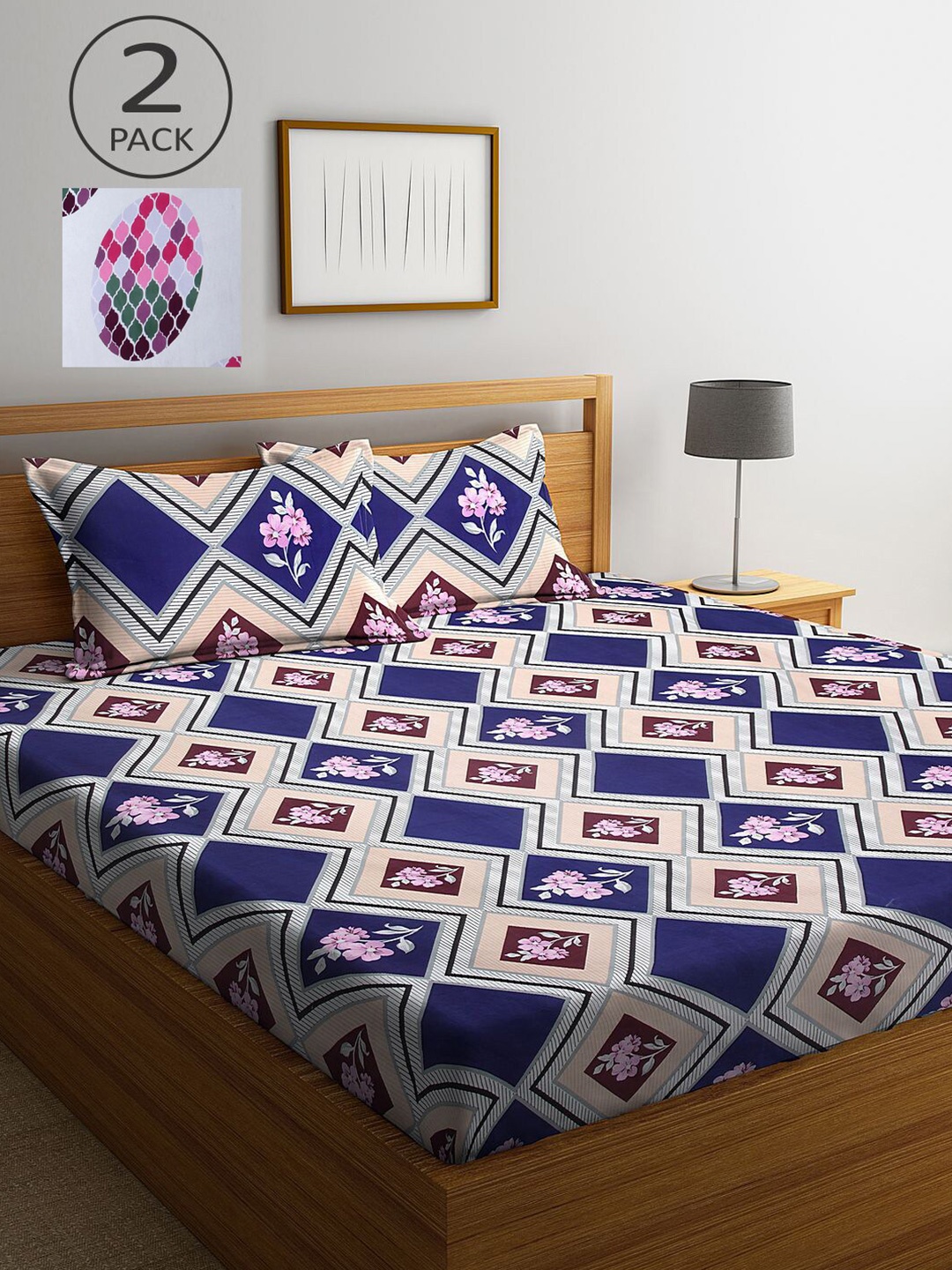 

KLOTTHE Blue & White Cotton Blend 210 TC 2 King Bedsheet with 4 Pillow Covers