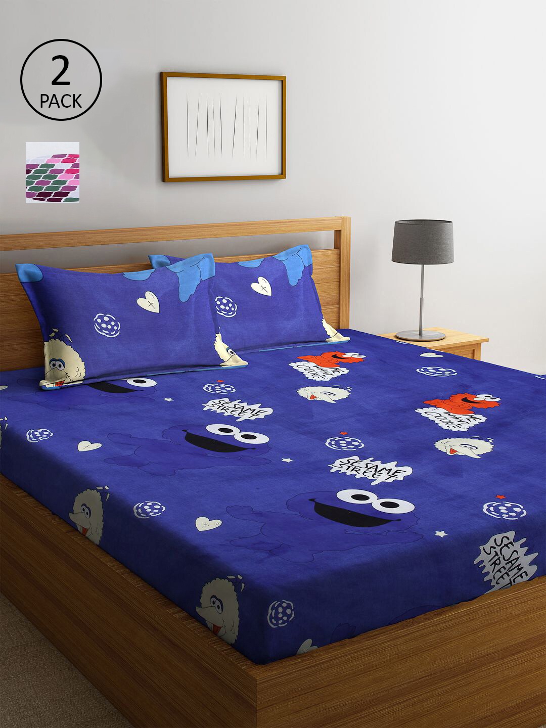 

KLOTTHE White & Blue Cartoon Characters 210 TC 2 King Bedsheet with 4 Pillow Covers