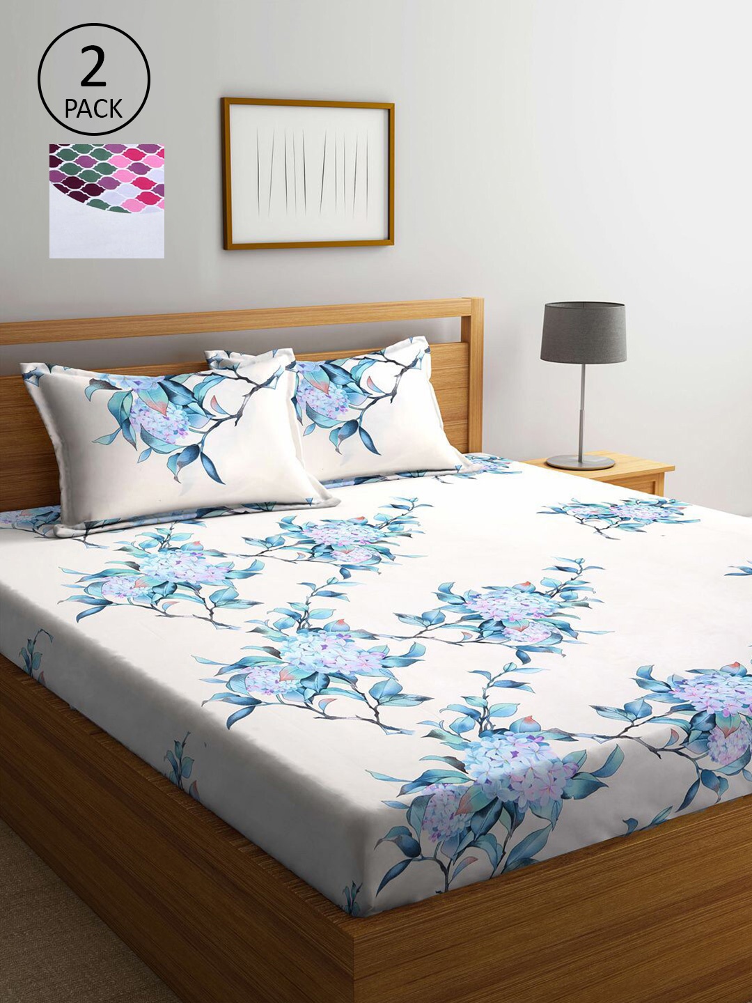 

KLOTTHE White & Blue Floral 210 TC 2 King Bedsheet with 4 Pillow Covers