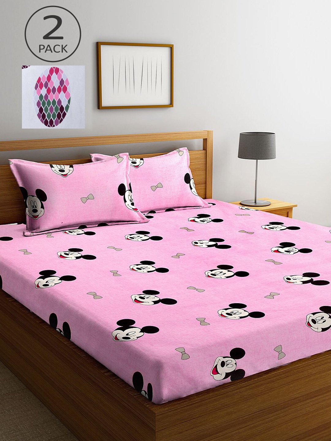 

KLOTTHE Pink & Green Cartoon Characters 210 TC 2 King Bedsheet with 4 Pillow Covers