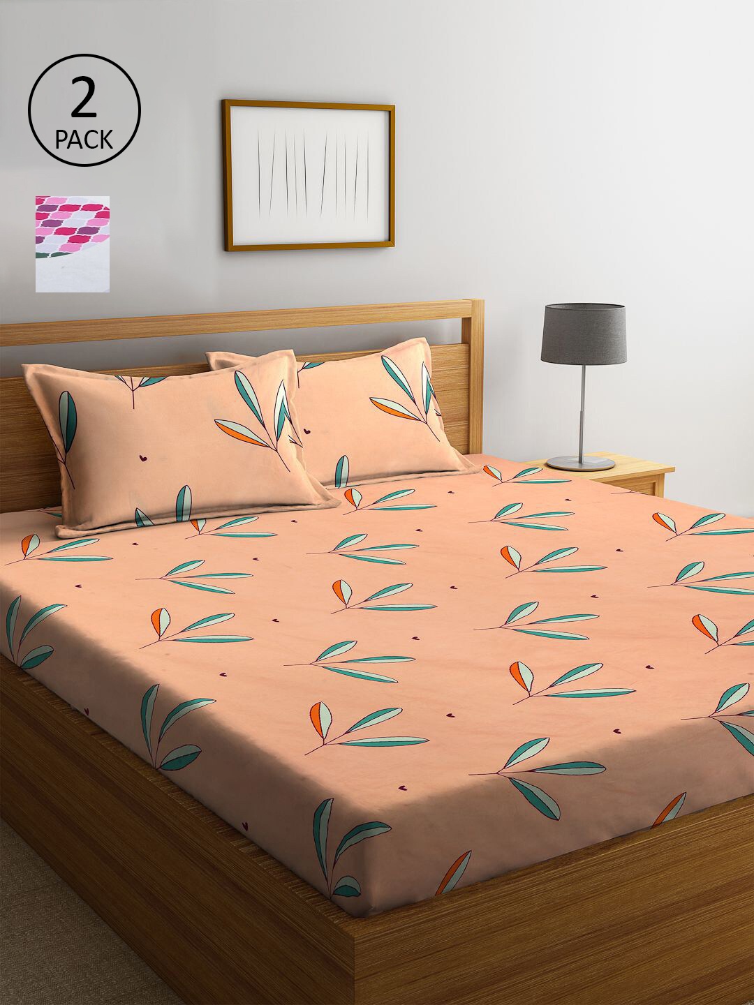 

KLOTTHE Orange & White Cotton Blend 210 TC 2 King Bedsheet with 4 Pillow Covers