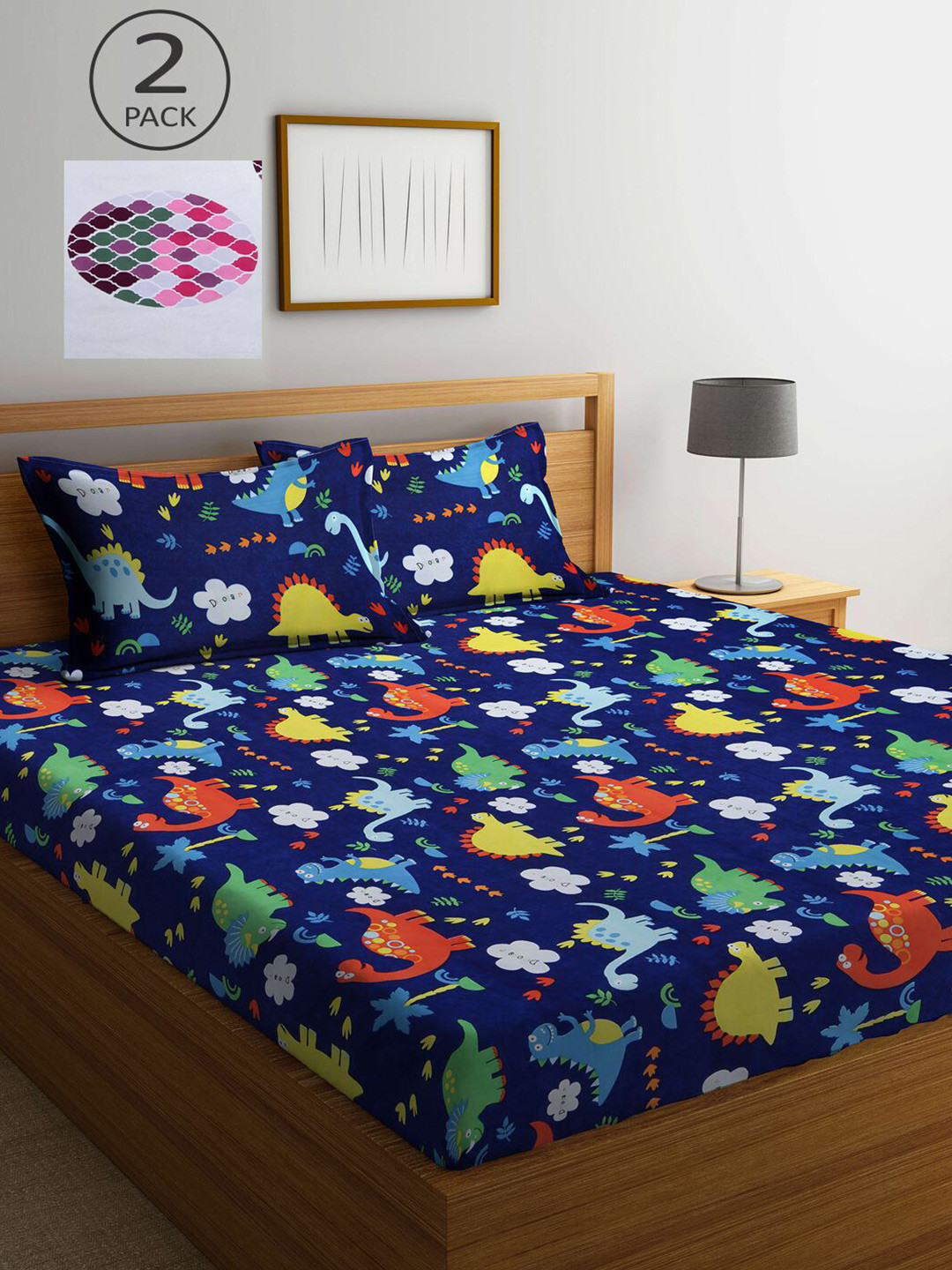 

KLOTTHE White & Blue Cartoon Characters 210 TC 2 King Bedsheet with 4 Pillow Covers