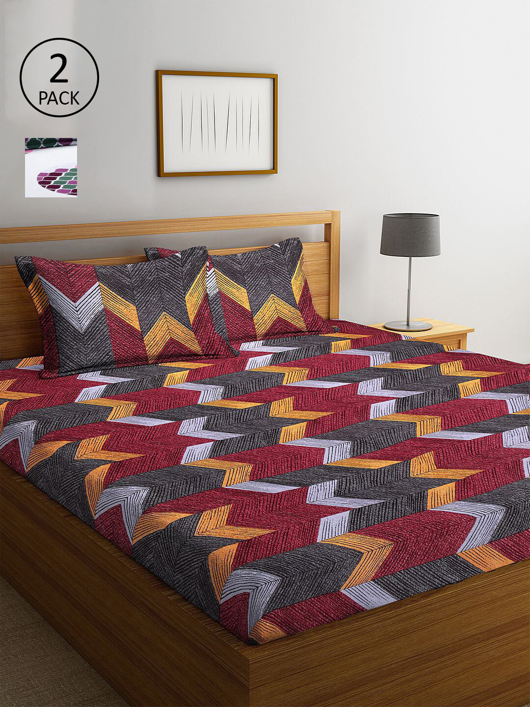 

KLOTTHE Grey & Pink Geometric 210 TC 2 King Bedsheet with 4 Pillow Covers