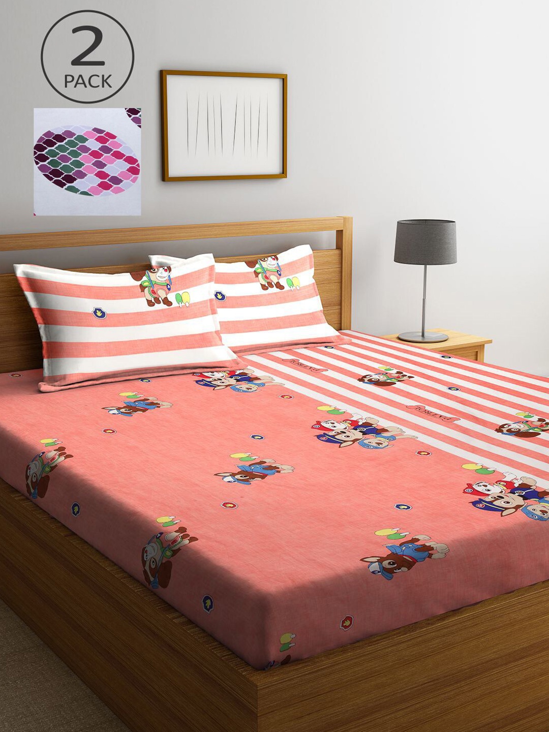

KLOTTHE Peach & White Printed 300 TC 2 King Bedsheet with 4 Pillow Covers
