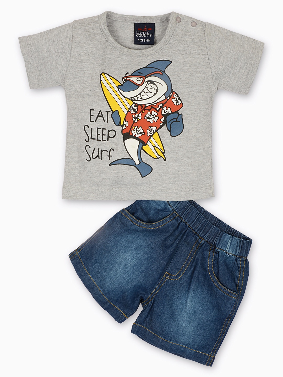 

Little County Boys Grey Melange & Blue Printed T-shirt with Shorts