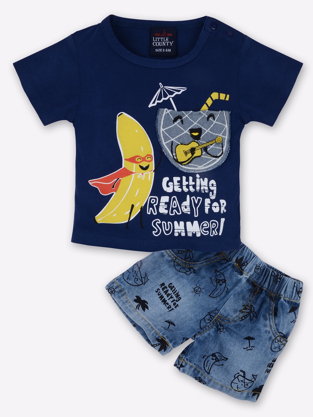 

Little County Boys Navy Blue & Blue Printed T-shirt with Shorts