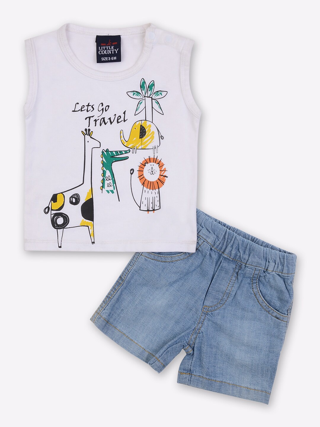 

Little County Boys White & Blue Printed Pure Cotton T-shirt with Denim Shorts
