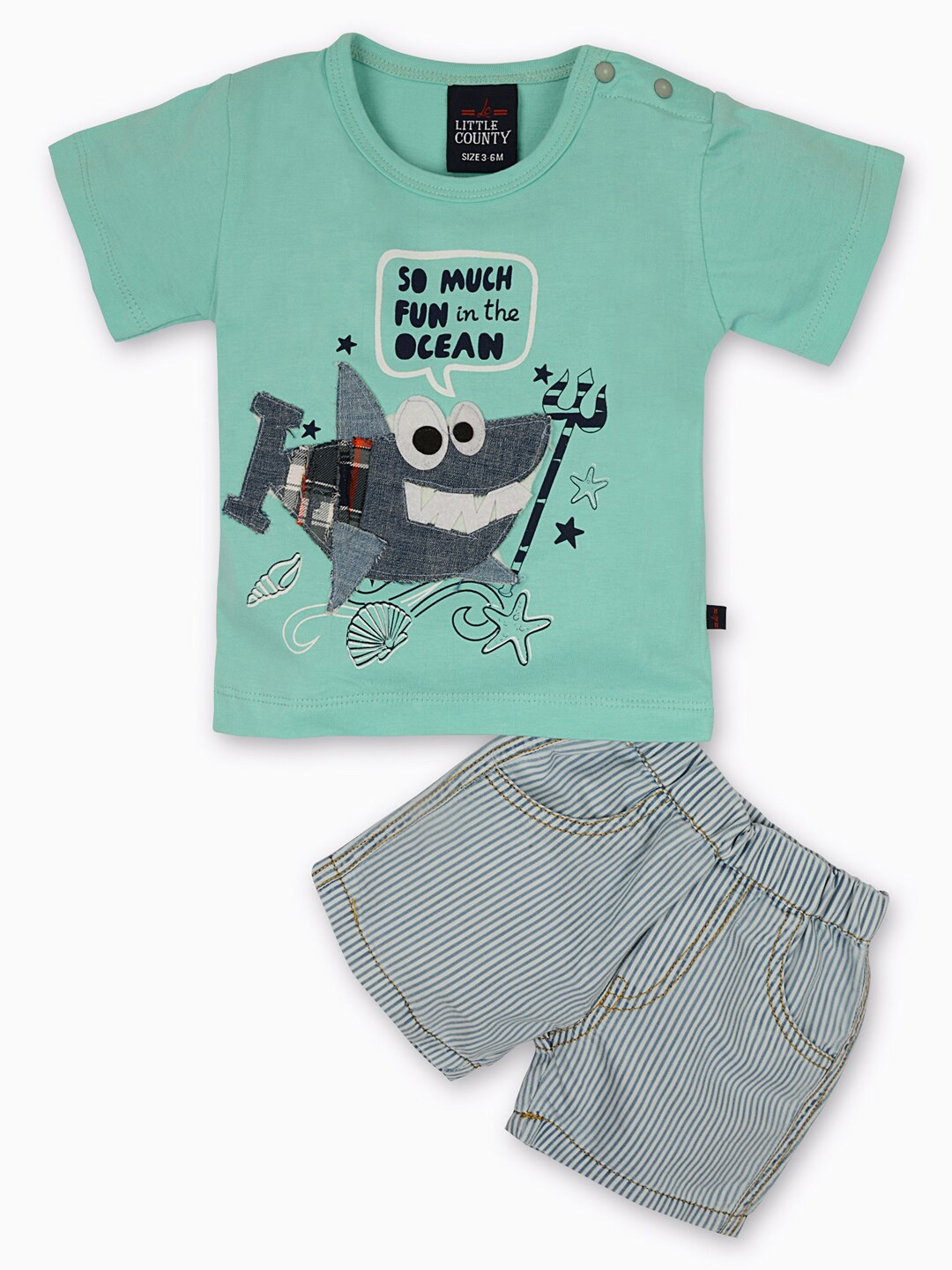 

Little County Boys Sea Green & Grey Printed Pure Cotton T-shirt with Denim Shorts
