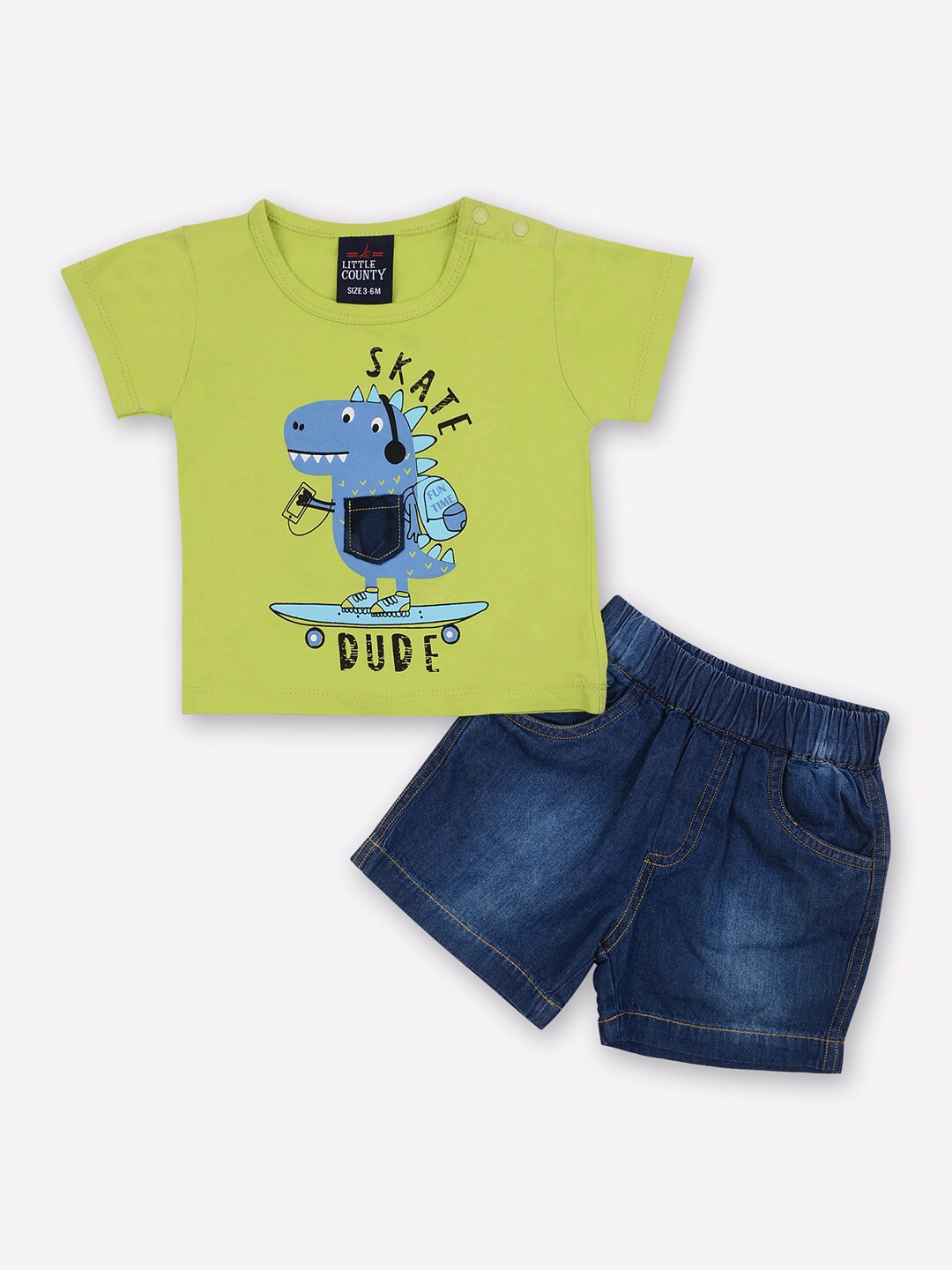 

Little County Boys Green & Blue Printed Pure Cotton T-shirt with Shorts