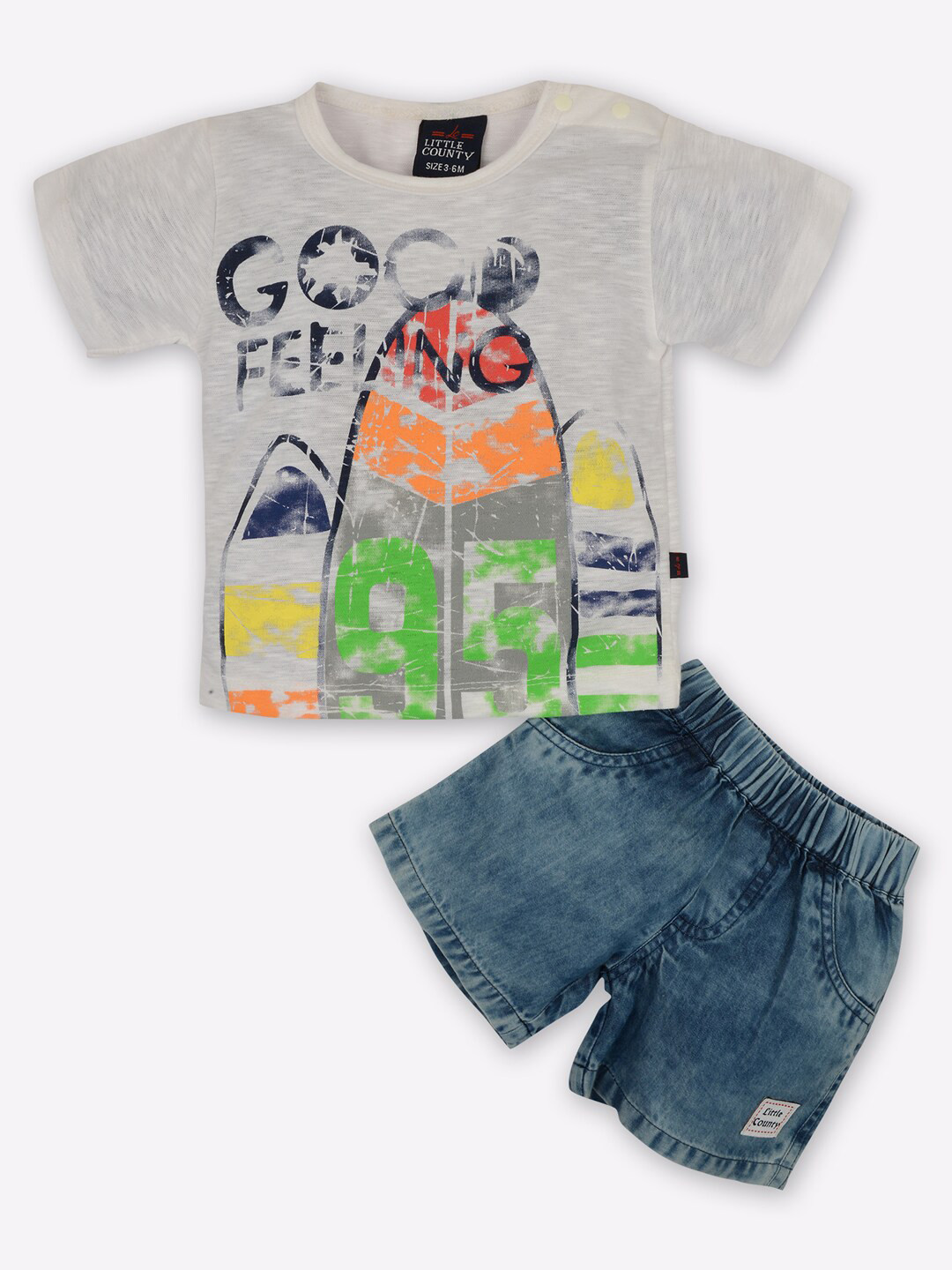 

Little County Boys White & Blue Printed Pure Cotton T-shirt with Denim Shorts