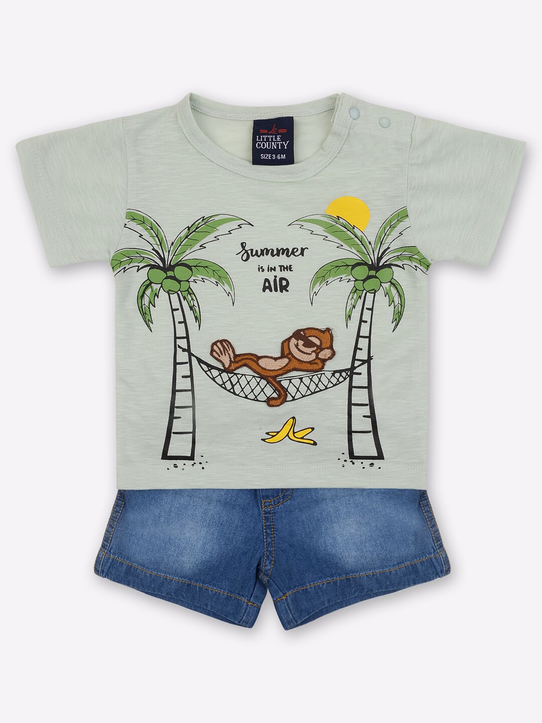 

Little County Boys Green & Blue Printed T-shirt with Denim Shorts