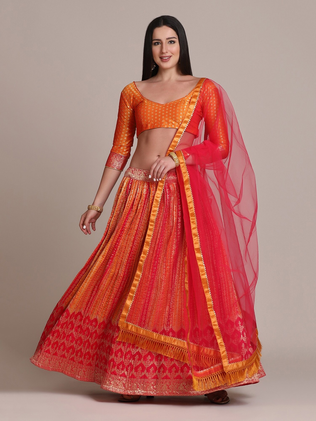 

Warthy Ent Orange & Red Semi-Stitched Lehenga & Unstitched Blouse With Dupatta