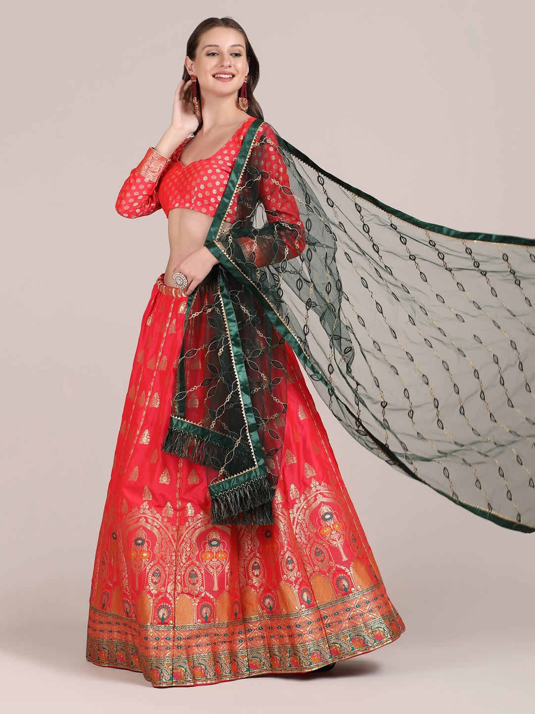 

Warthy Ent Peach-Coloured & Green Printed Semi-Stitched Lehenga & Unstitched Blouse With Dupatta