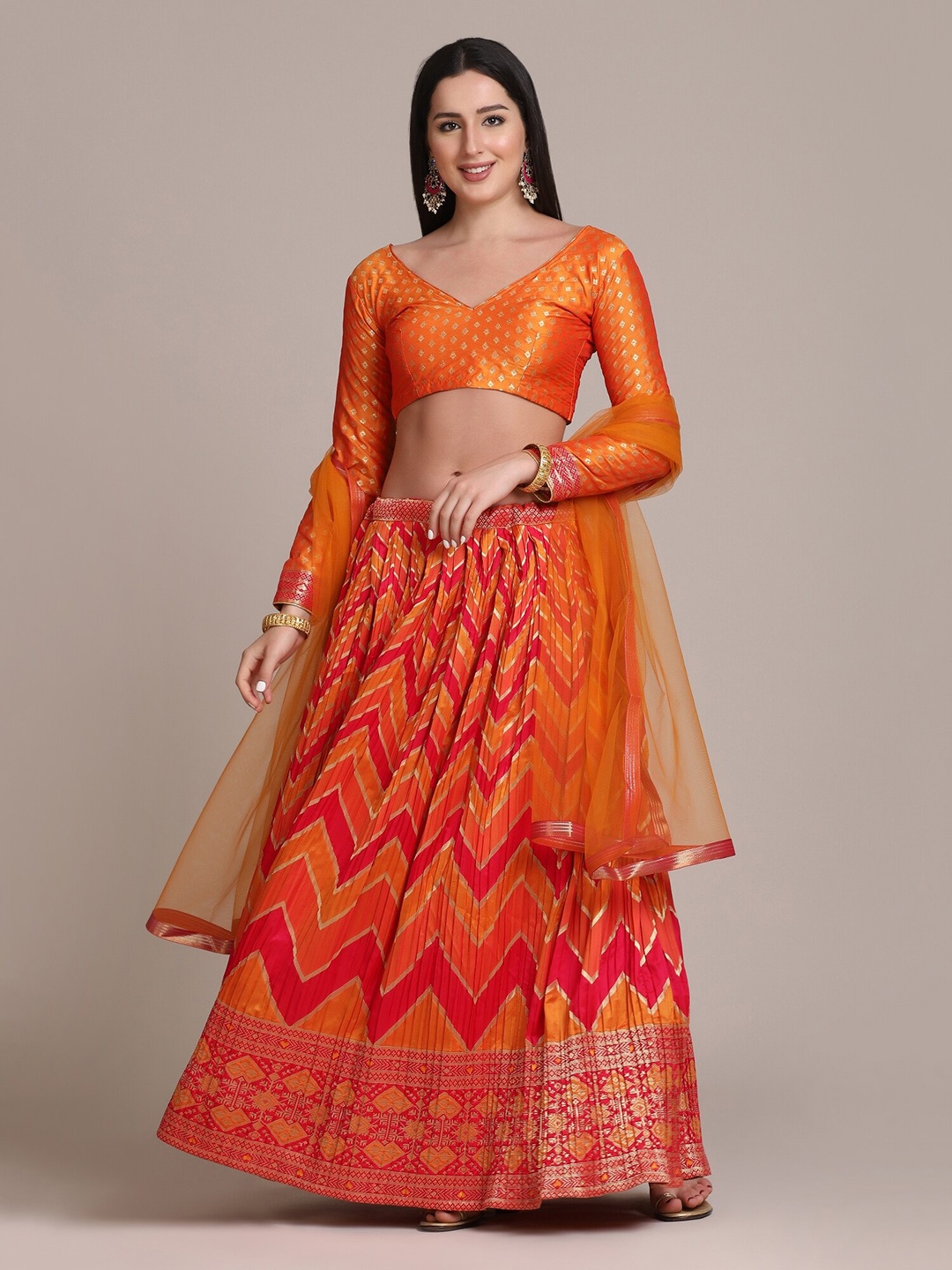 

Warthy Ent Orange & Gold-Toned Semi-Stitched Lehenga & Unstitched Blouse With Dupatta