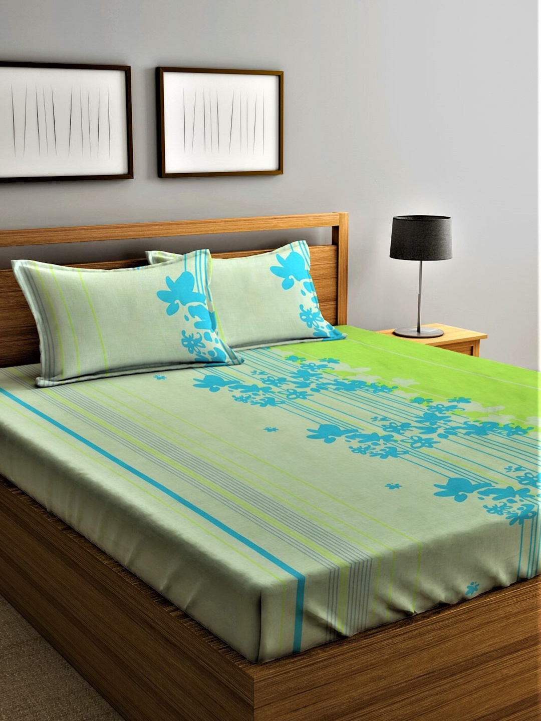 

Home Sizzler Green & Blue Floral Cotton 210TC Queen 1 Bedsheet with 2 Pillow Covers