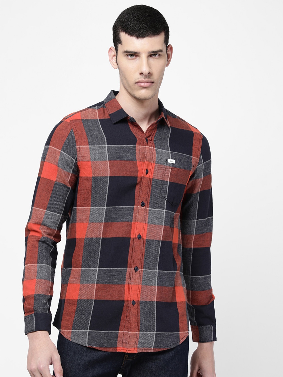 

Lee Men Orange & Black Slim Fit Checked Casual Shirt