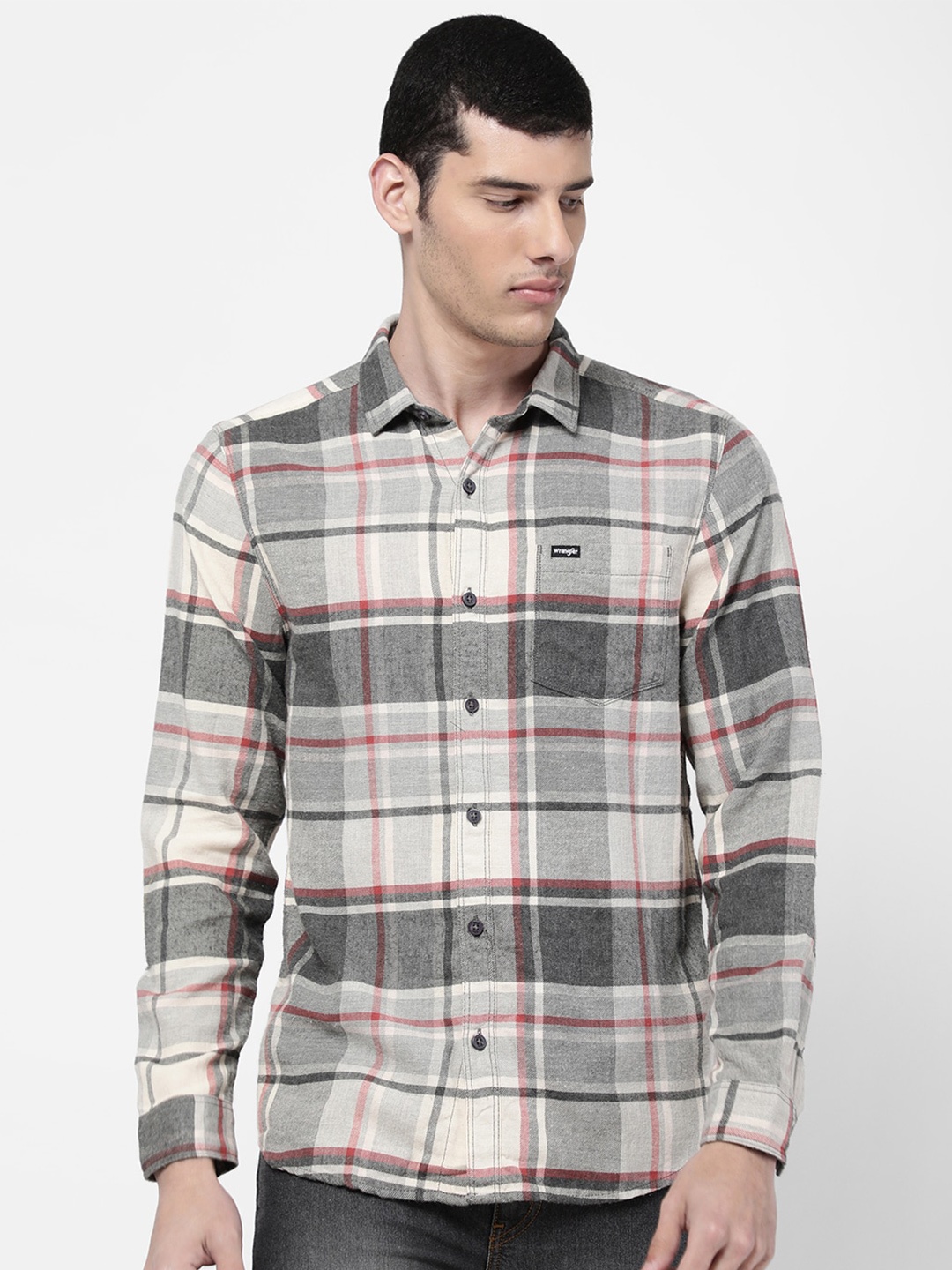 

Wrangler Men Grey Slim Fit Tartan Checked Cotton Casual Shirt