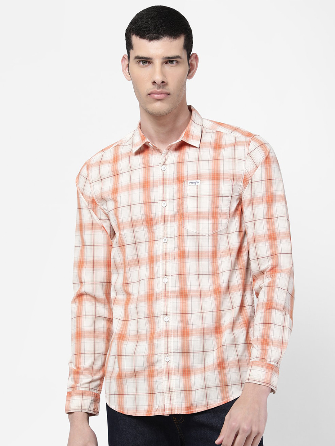 

Wrangler Men Orange Slim Fit Checked Casual Shirt