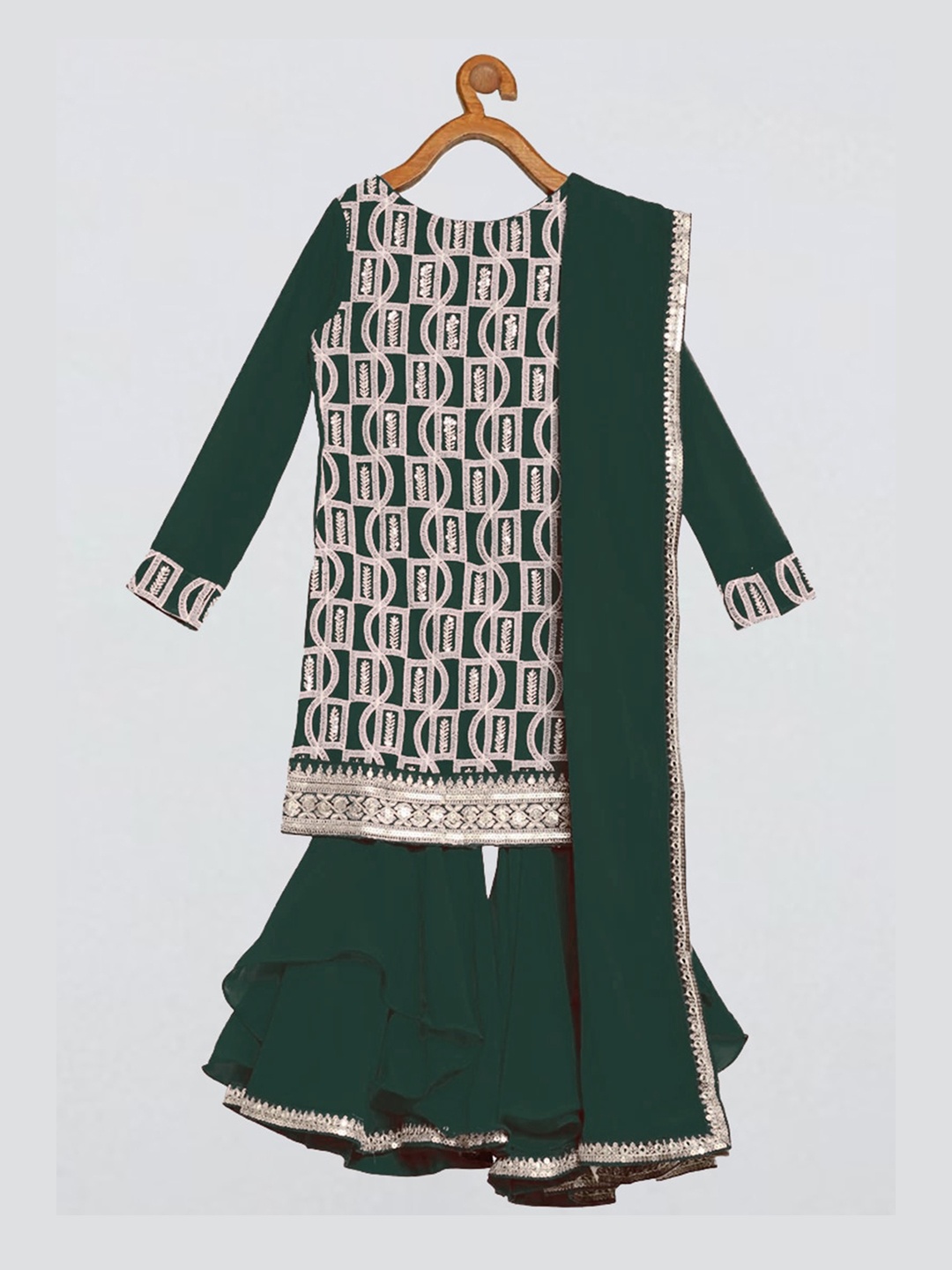 

Ethnovog Girls Green Ethnic Motifs Embroidered Kurti with Sharara With Dupatta