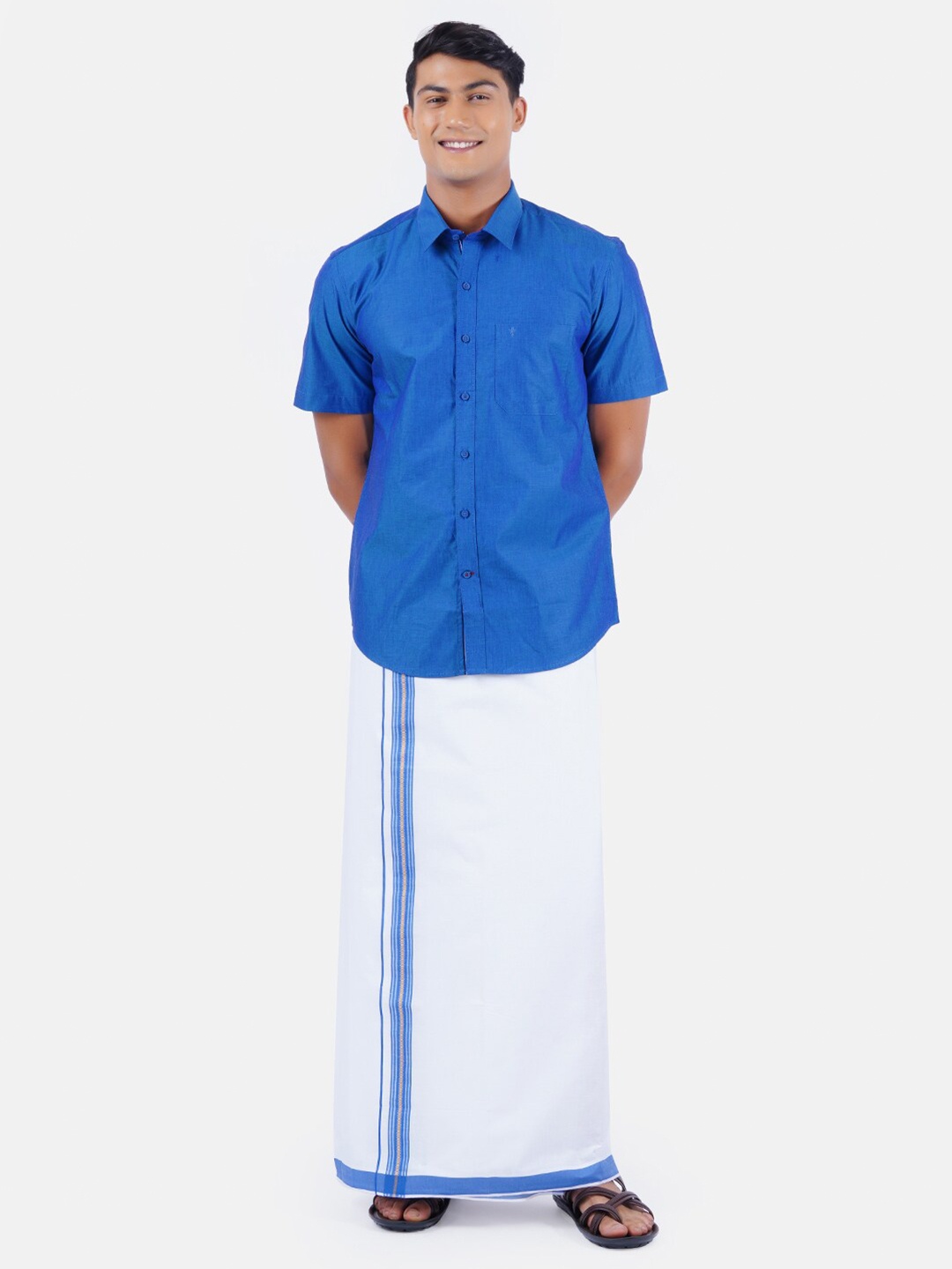 

Ramraj Men Blue & White Solid Cotton Shirt with Dhoti Co-Ords