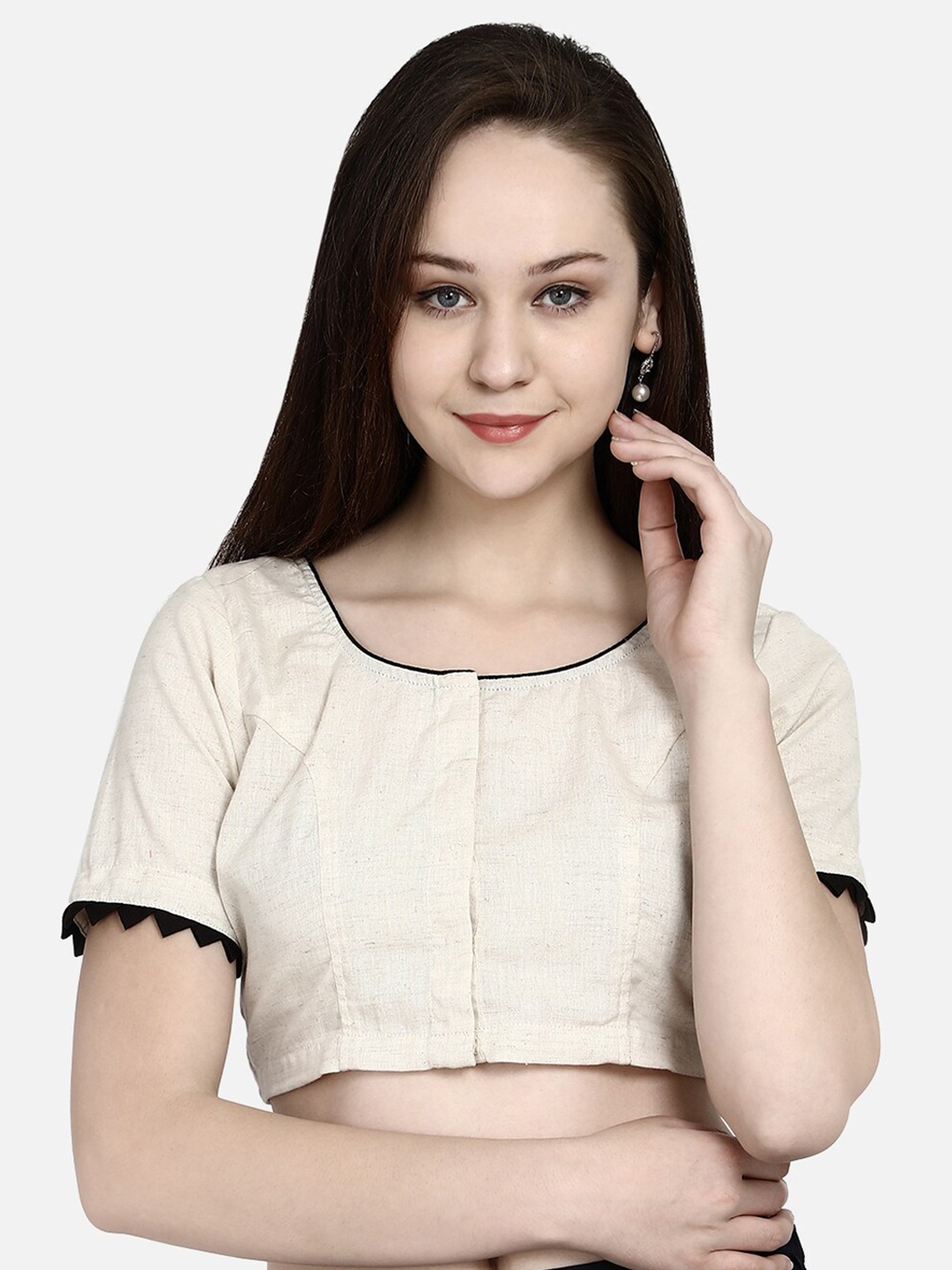 

Molcha Women Off White Solid Non-Padded Cotton Saree Blouse