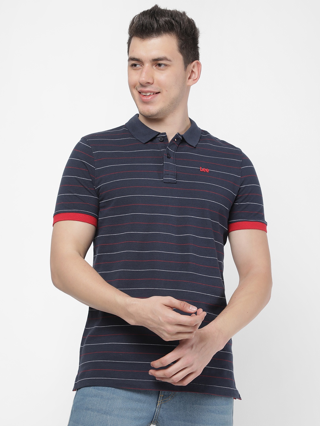 

Lee Men Striped Polo Collar Slim Fit T-shirt, Navy blue