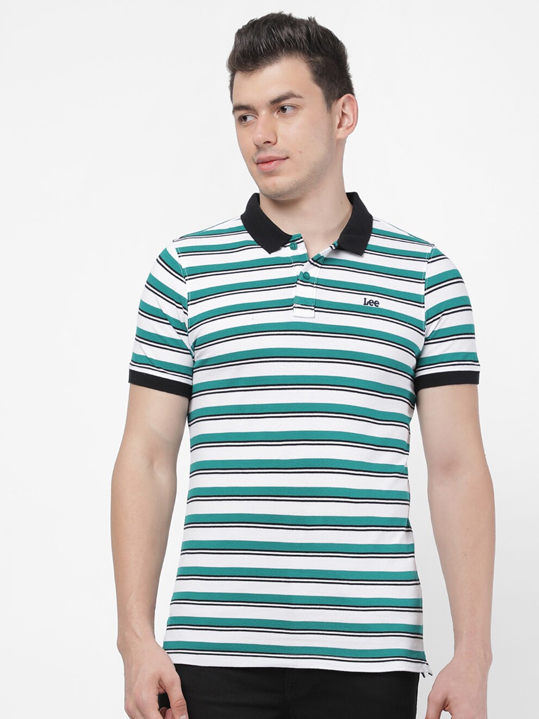 

Lee Men Green & White Striped Polo Collar Slim Fit T-shirt