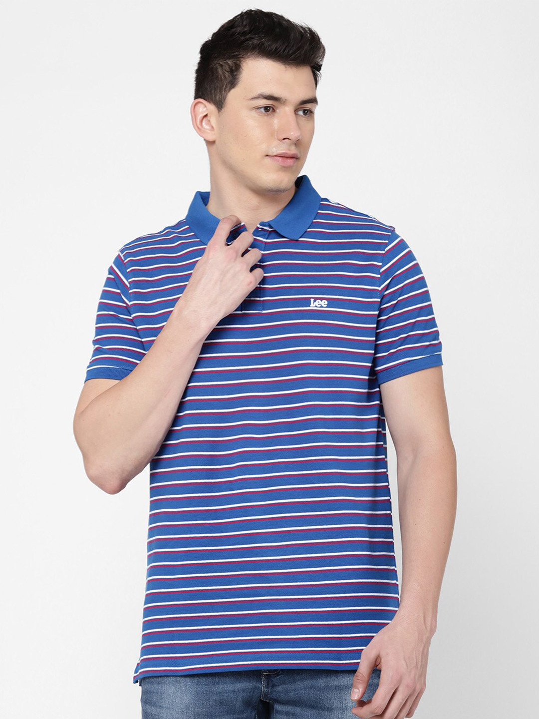 

Lee Men Blue Striped Polo Collar Slim Fit T-shirt