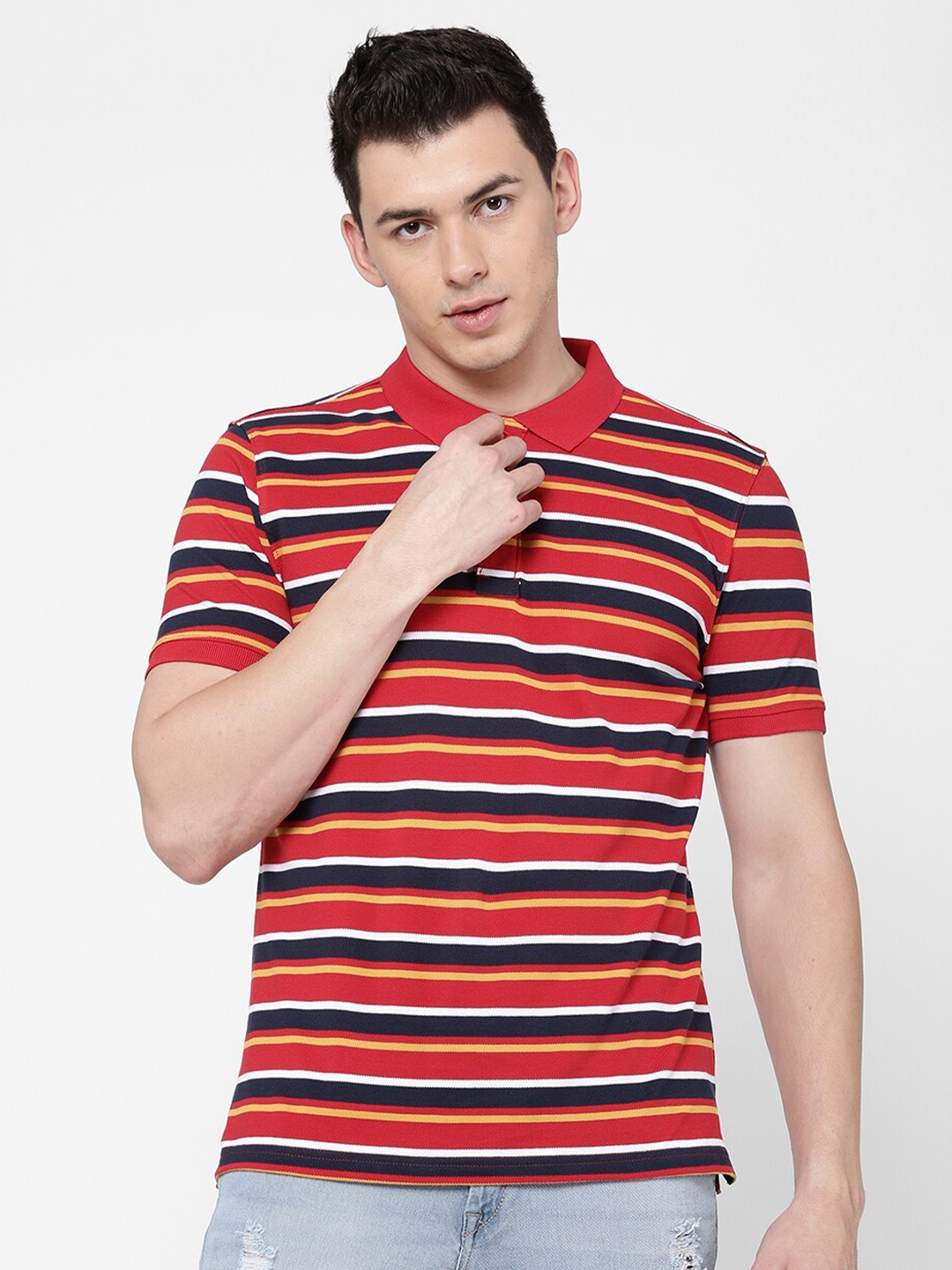 

Wrangler Men Navy Blue & Red Striped Polo Collar T-shirt