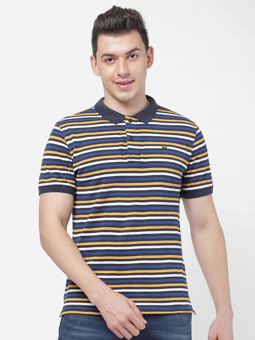 

Wrangler Men Navy Blue Striped Polo Collar Cotton T-shirt