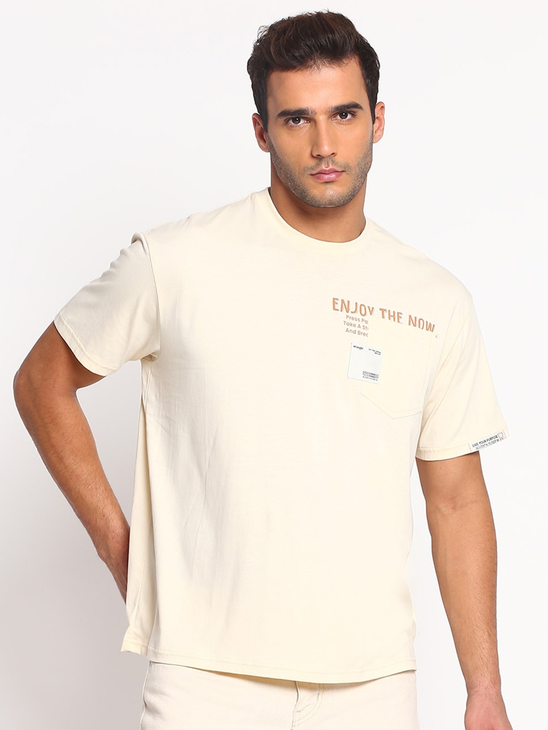 

Wrangler Men Off White Typography Oversized Cotton T-shirt