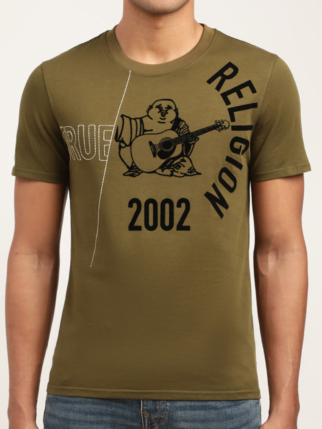

True Religion Men Olive Green Typography Printed T-shirt