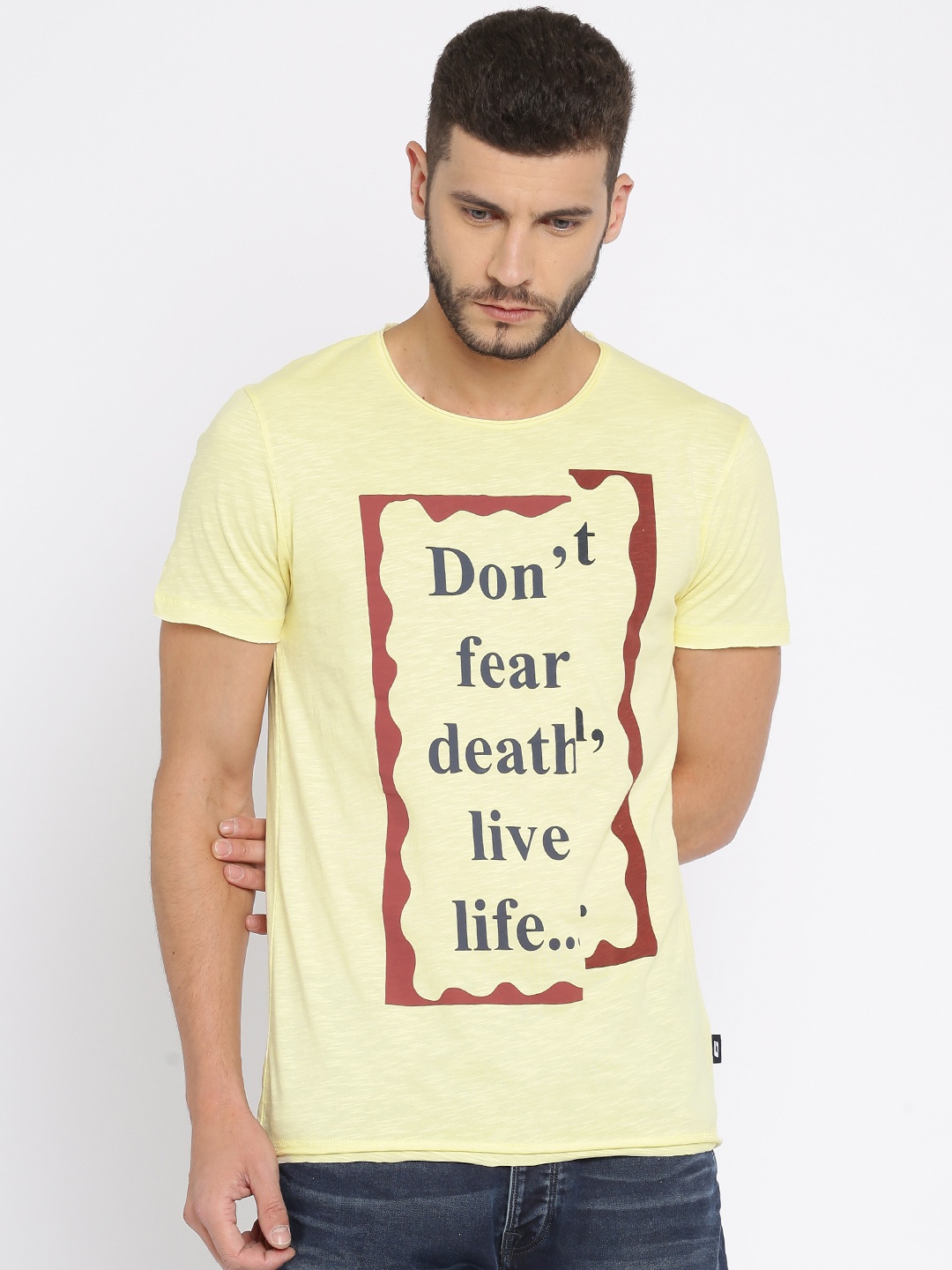 

Jack Jones Men Yellow Printed Round Neck Pure Cotton T-shirt