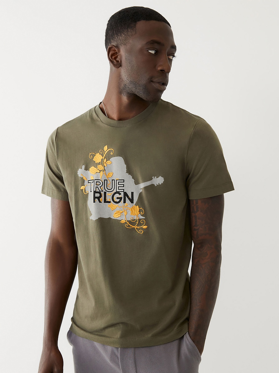 

True Religion Men Olive Green Typography Printed T-shirt