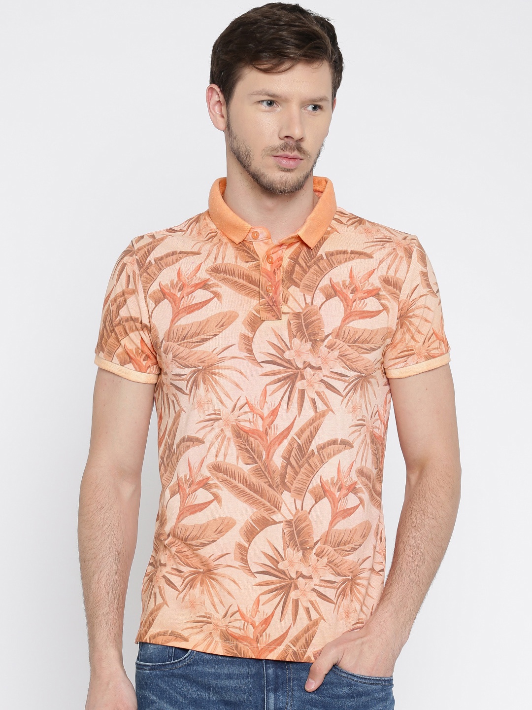 

Jack & Jones Men Peach-Coloured Tropical Print Polo Collar T-shirt