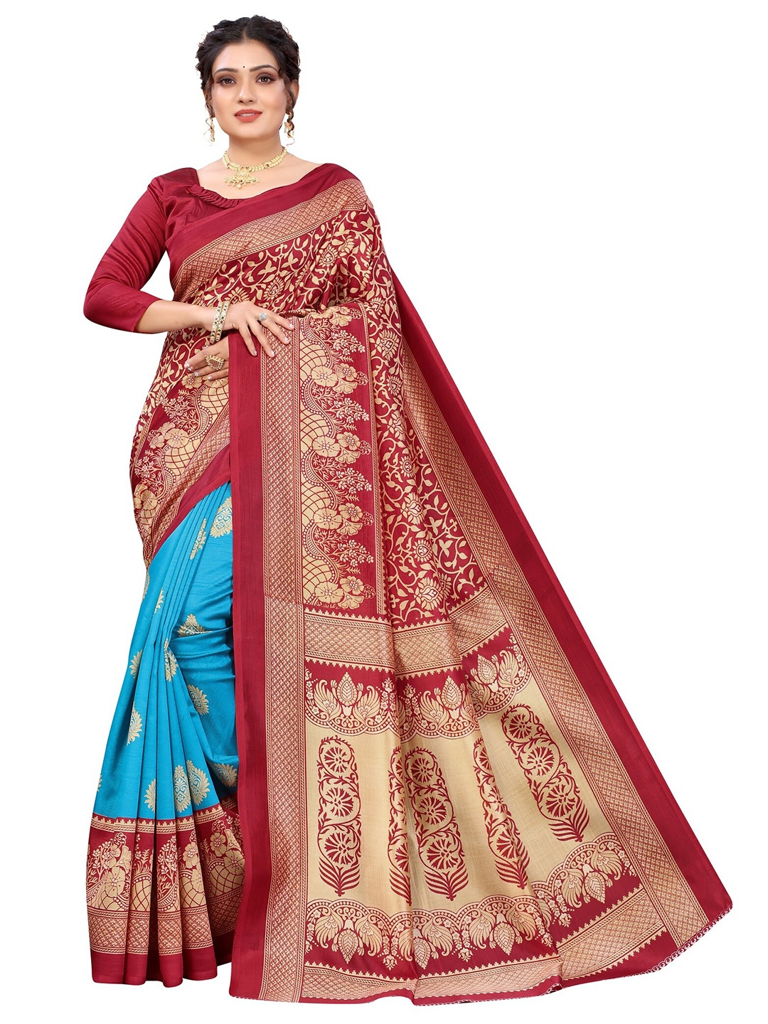 

Yashika Teal Blue & Red Ethnic Motifs Art Silk Saree