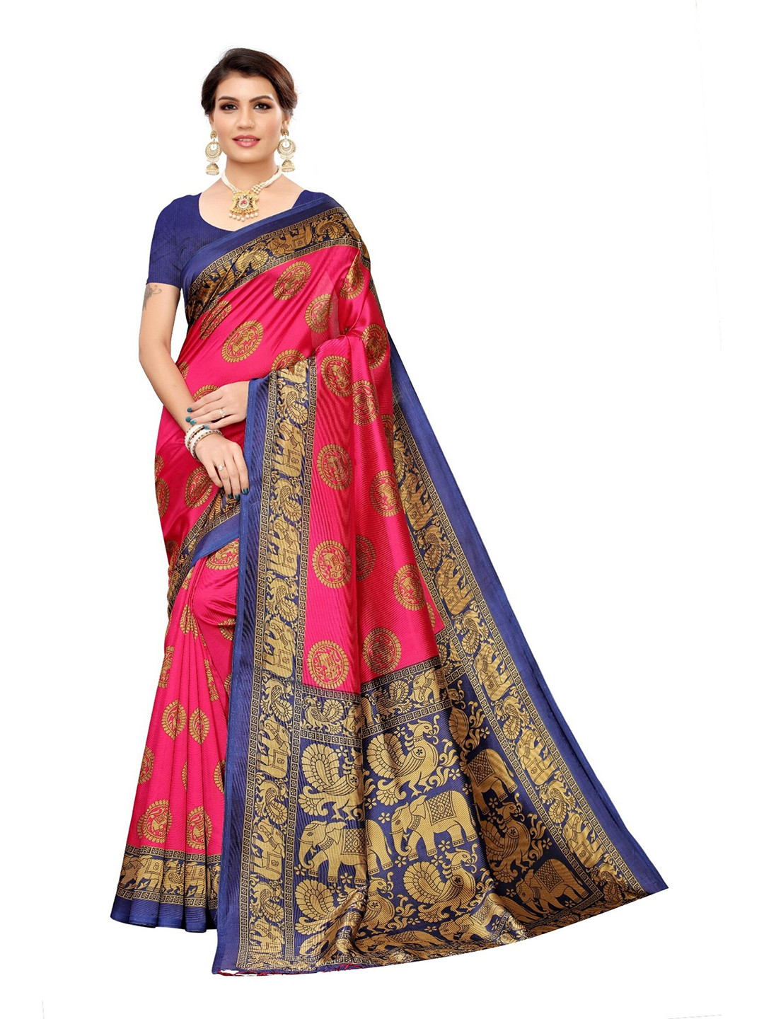 

Yashika Pink & Navy Blue Ethnic Motifs Printed Art Silk Saree