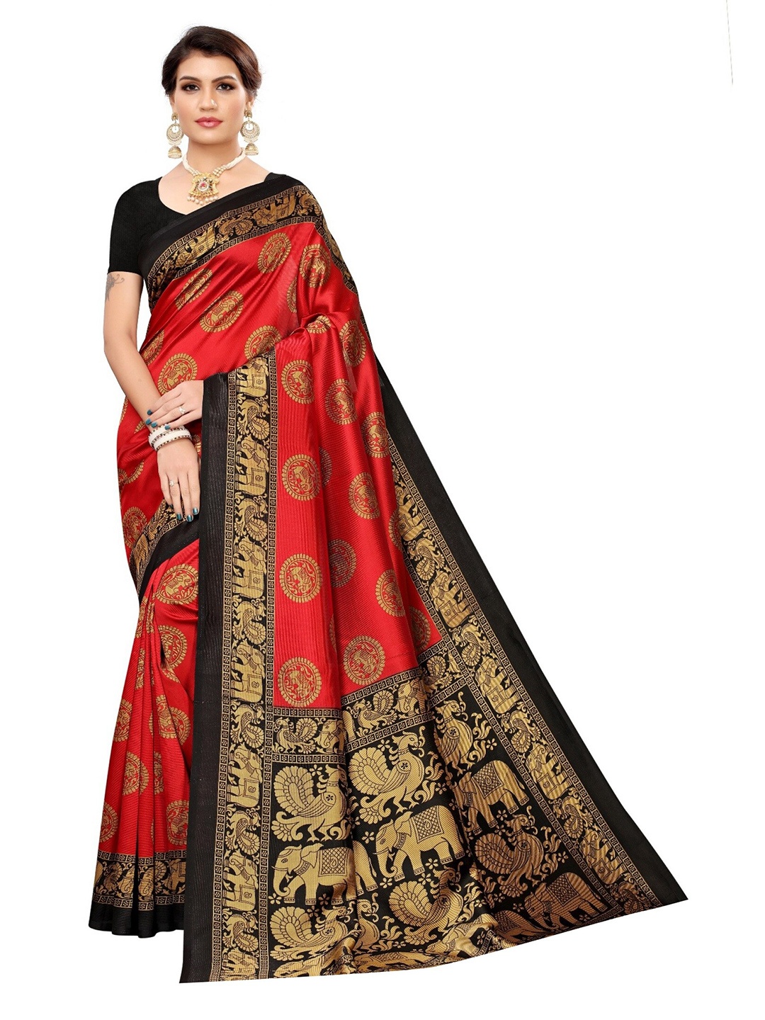 

Yashika Red & Black Ethnic Motifs Art Silk Saree