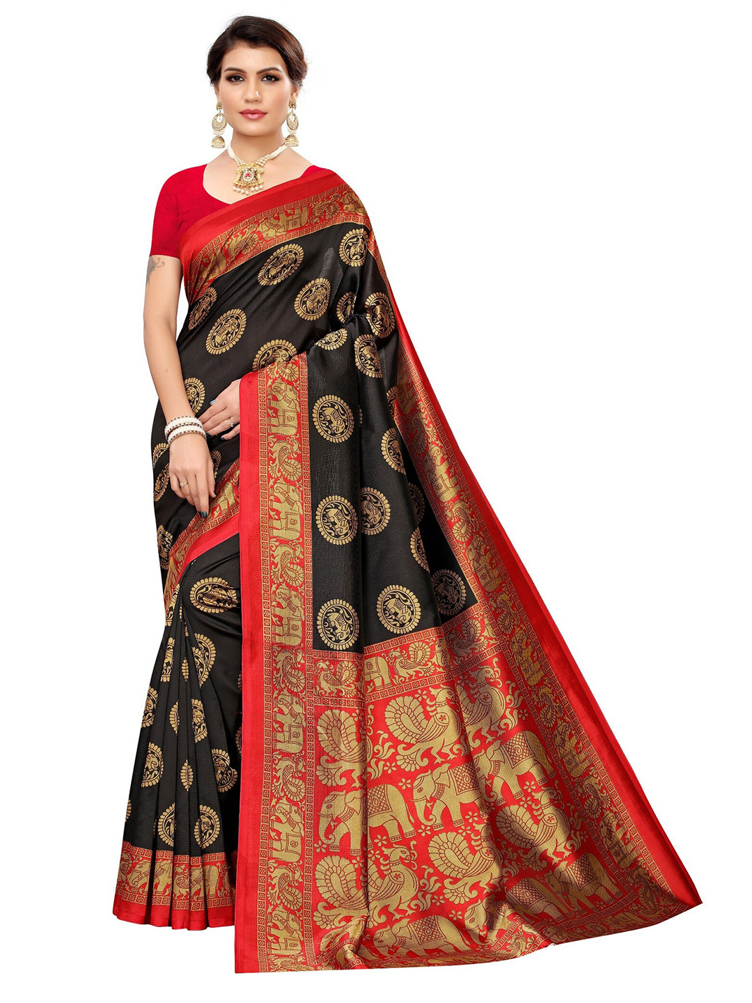 

Yashika Black & Red Ethnic Motifs Art Silk Khadi Saree