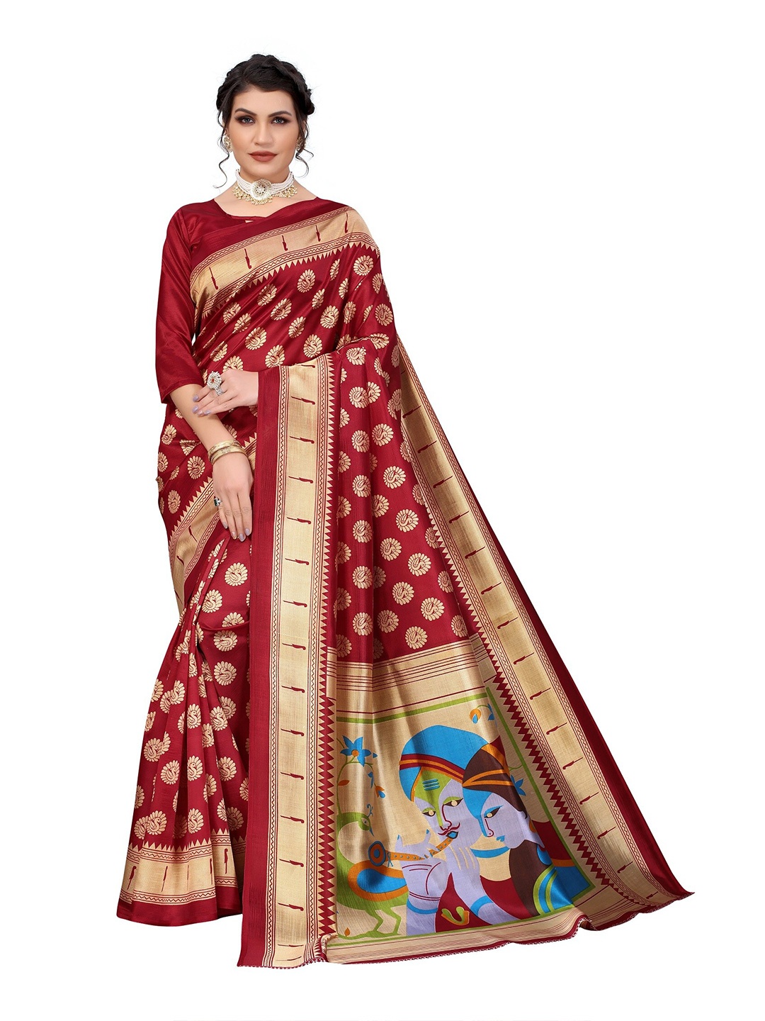 

Yashika Red & Golden Ethnic Motifs Art Silk Saree