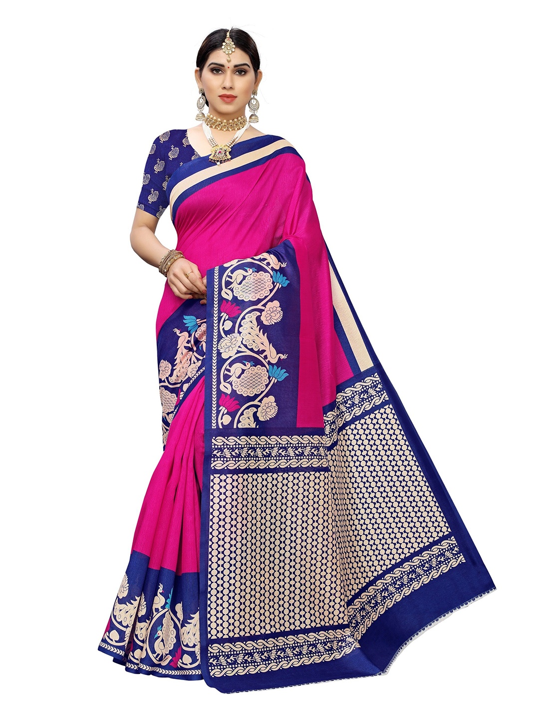 

Yashika Pink & Blue Ethnic Motifs Art Silk Khadi Saree