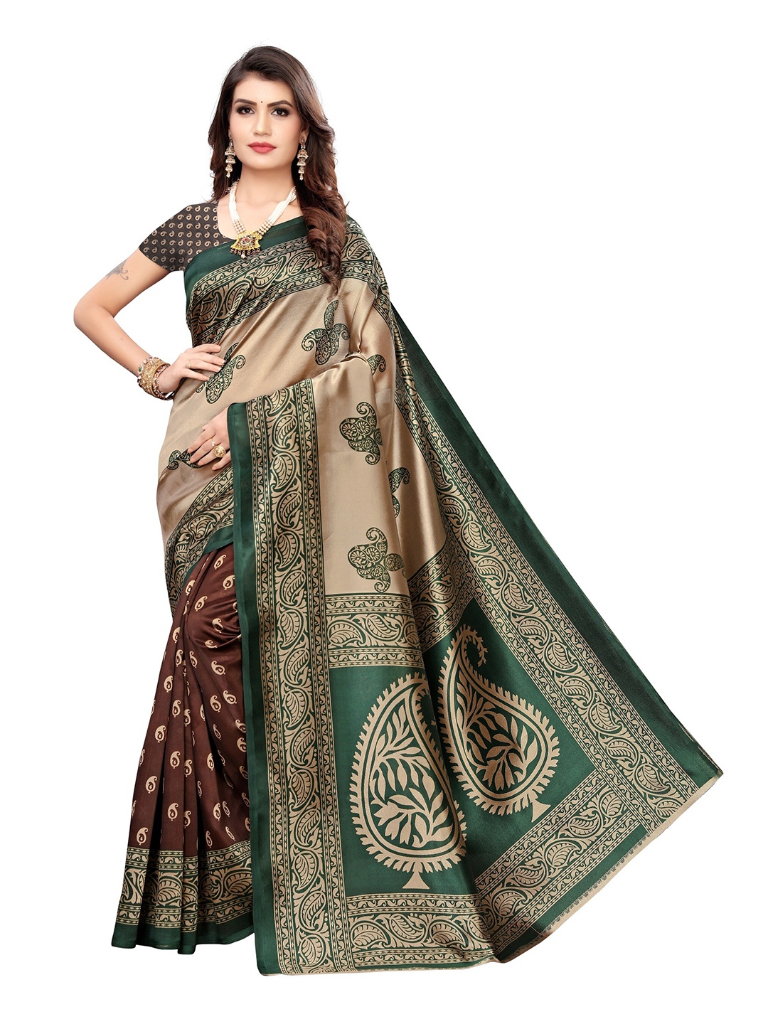 

Yashika Brown & Green Ethnic Motifs Printed Art Silk Saree