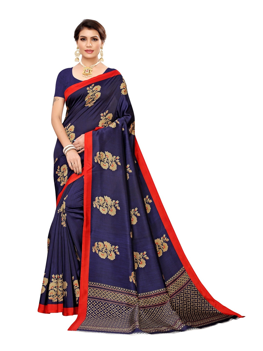 

Yashika Blue & Red Floral Art Silk Khadi Saree