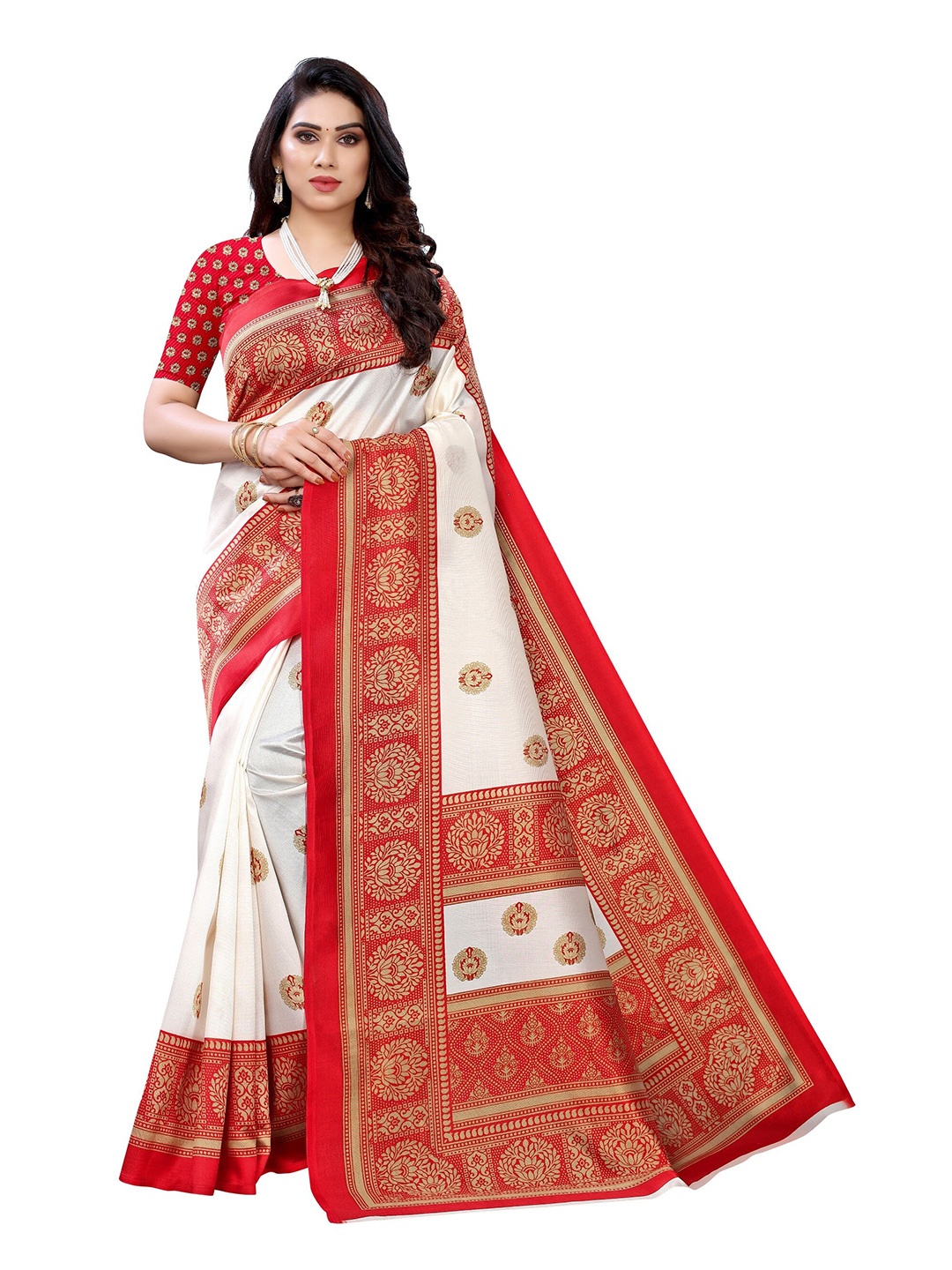

Yashika Red & White Floral Art Silk Saree
